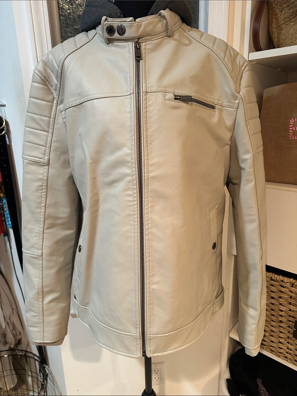 Men's Guess Light Beige Faux Leather Moto Jacket - Large
